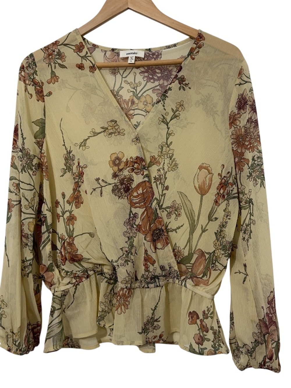 Meraki Floral Print Long Sleeve Chiffon Faux Wrap Blouse Size Womens L